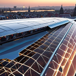 **A futuristic airplane wing made of shimmering composite materials, partially transparent to reveal a network of nanosensors and self-healing polymers. The wing is subtly glowing with internal diagnostics, reflecting Amsterdam's skyline in the distance. A close-up highlights the intricate structure and advanced technology.** (Focuses on new materials)