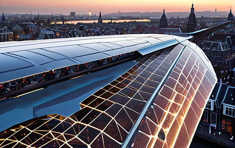 **A futuristic airplane wing made of shimmering composite materials, partially transparent to reveal a network of nanosensors and self-healing polymers. The wing is subtly glowing with internal diagnostics, reflecting Amsterdam's skyline in the distance. A close-up highlights the intricate structure and advanced technology.** (Focuses on new materials)